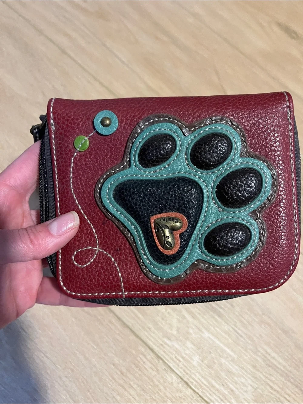Chala Burgundy Wallet Wristlet with Teal and Black Paw Applique